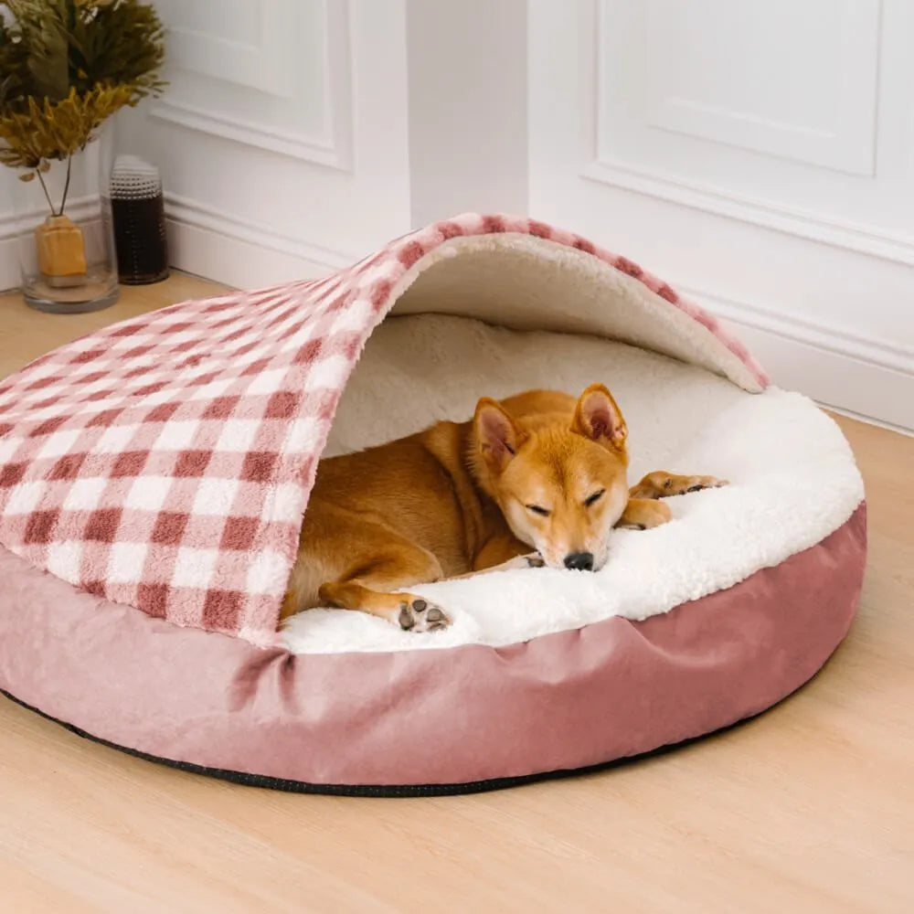 Plush cloth dog nest in brown plaid, size L, on indoor floor
