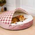 Plush cloth dog nest in brown plaid, size L, on indoor floor