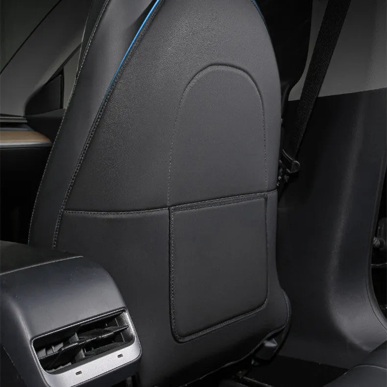 Black leather rear anti kick pads for car seat protection measuring 68cm by 42cm