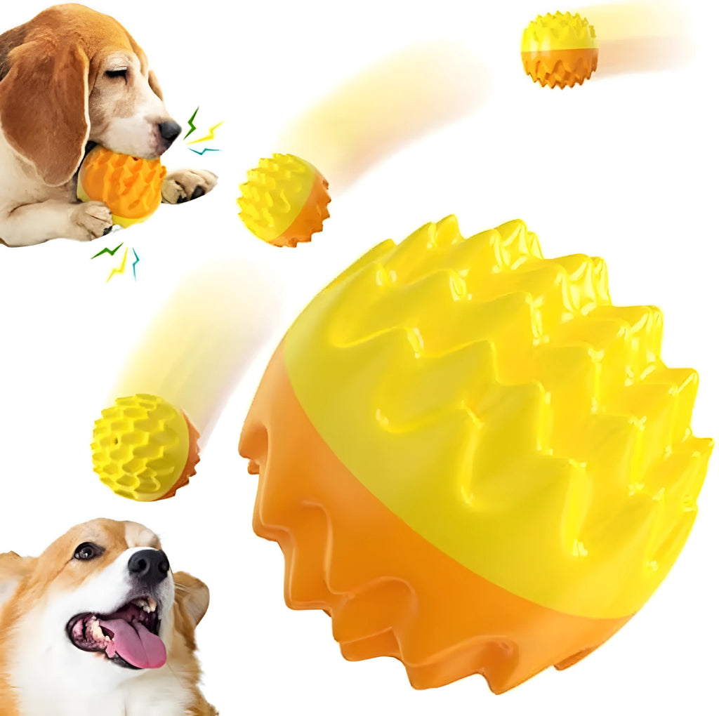 Blue and orange squeaky dog ball with spiky texture for dental cleaning