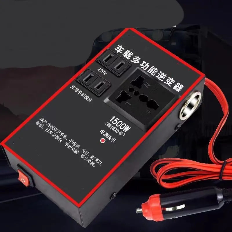 Black automotive power converter transforming 12V/24V car power to 220V AC with four USB charging ports