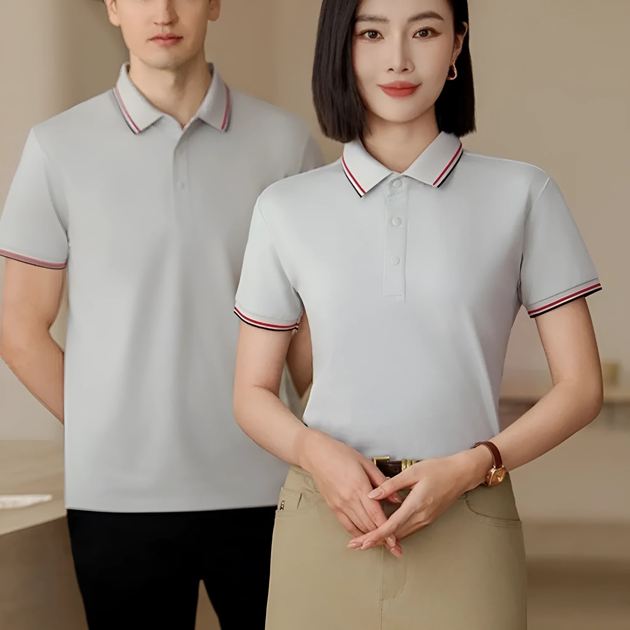 Men's solid colour cotton t-shirt with short sleeves and lapel collar for summer work wear