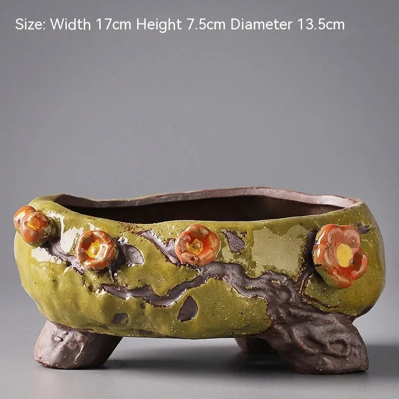 Hand-painted large ceramic succulent flower pot with pastoral design in colour A
