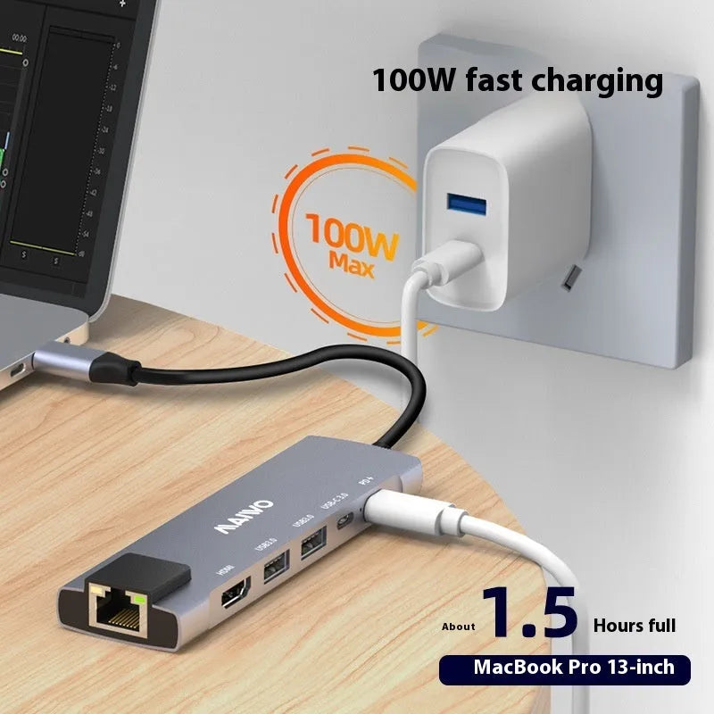Aluminium Steam Deck docking station with six ports including HDMI, Ethernet, and USB, shown with a 15cm cable
