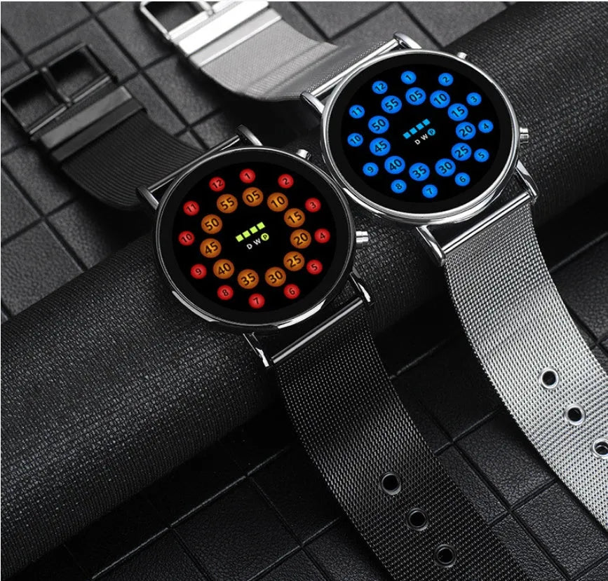 LED electronic watch with alloy case and steel mesh strap showing illuminated blue display