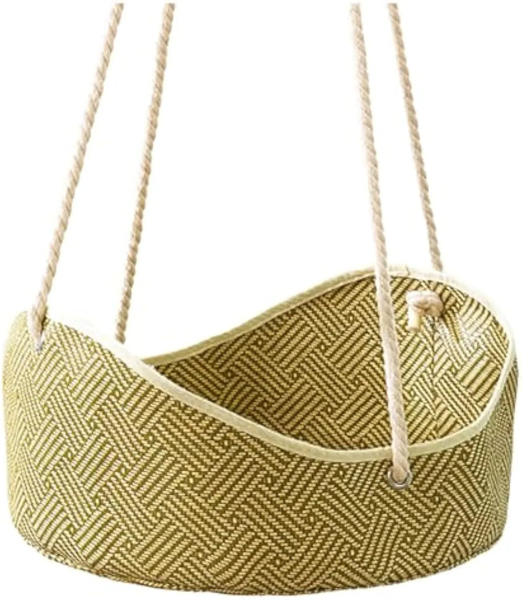 Green rattan cat hammock with cotton ropes and metal hooks, shown hanging
