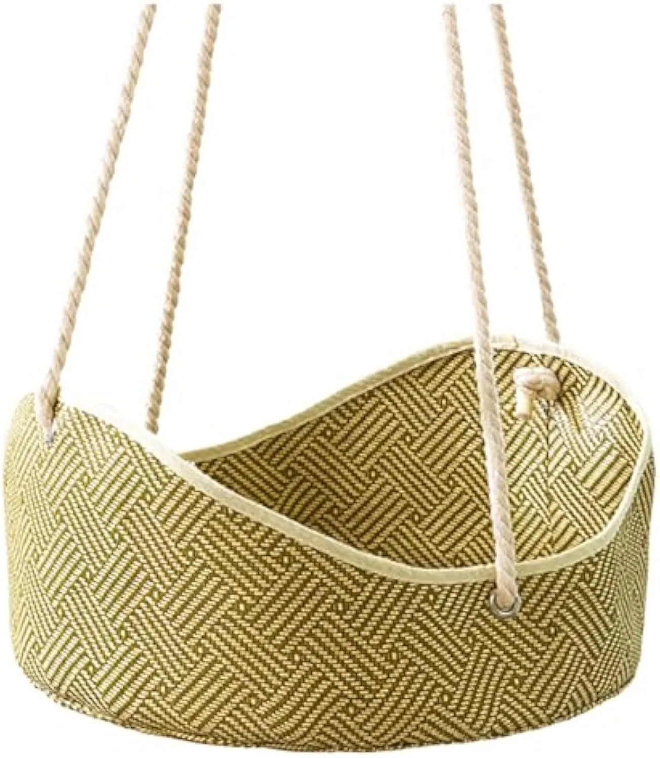 Green rattan cat hammock with cotton ropes and metal hooks, shown hanging