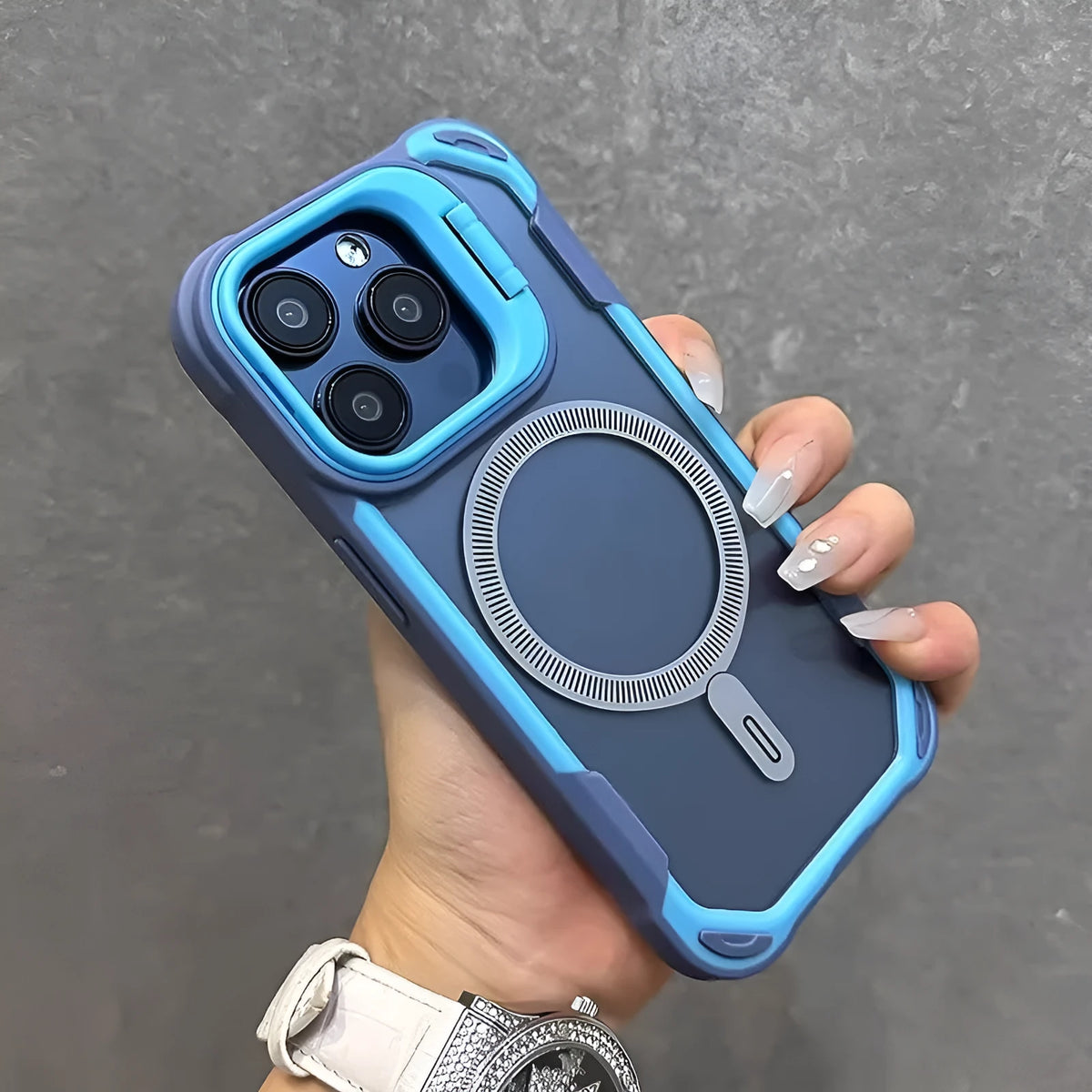 Four-corner drop-resistant airbag phone case with invisible bracket and magnetic back, compatible with iPhone 13 to 16 Pro Max