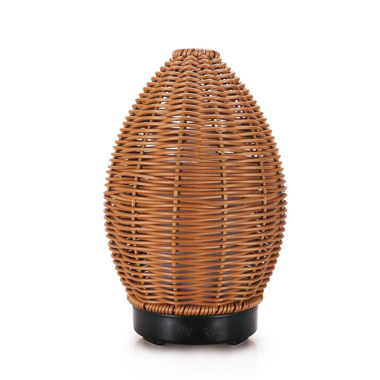 Hollow rattan aroma diffuser with light wood grain base showing 100ml capacity ultrasonic unit