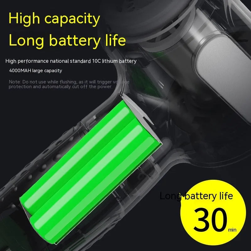 Black cordless handheld car vacuum cleaner with attachments on a grey car seat.