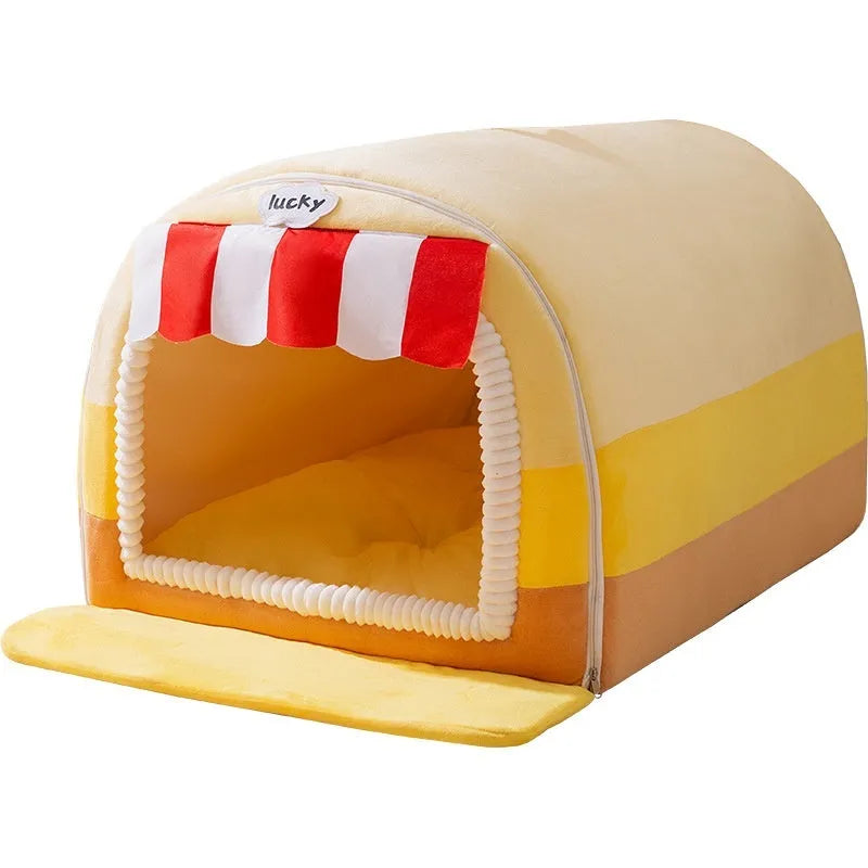 Large painted dog bed with removable sponge cushion in rock yellow-lucky colour pattern