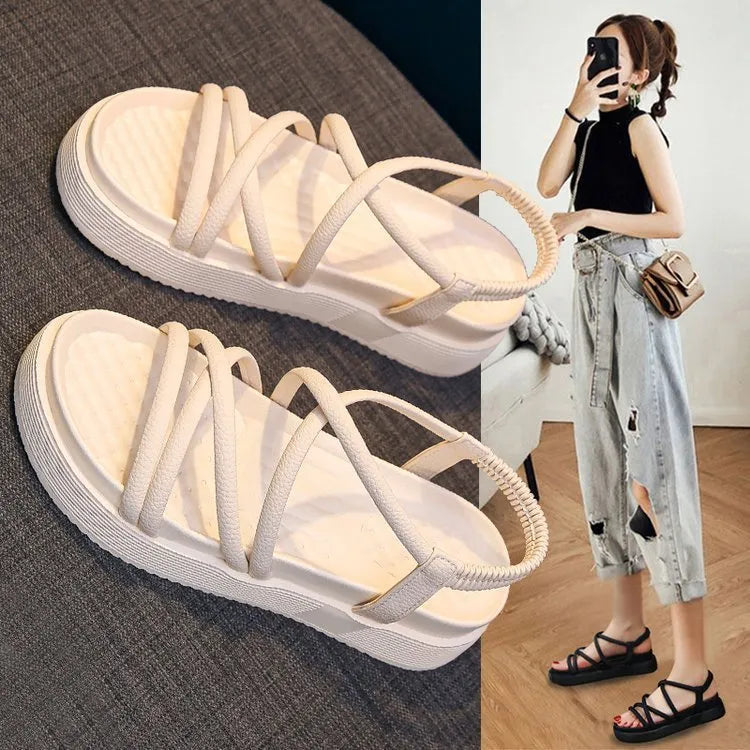 Women's black Roman platform sandals with adjustable straps and TPR sole