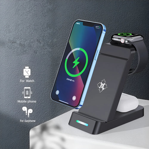 Black or white 3-in-1 wireless charging stand holding a phone, AirPods case, and an Apple Watch.