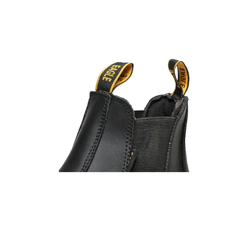 Black leather high-top safety work boots with anti-piercing sole protection.
