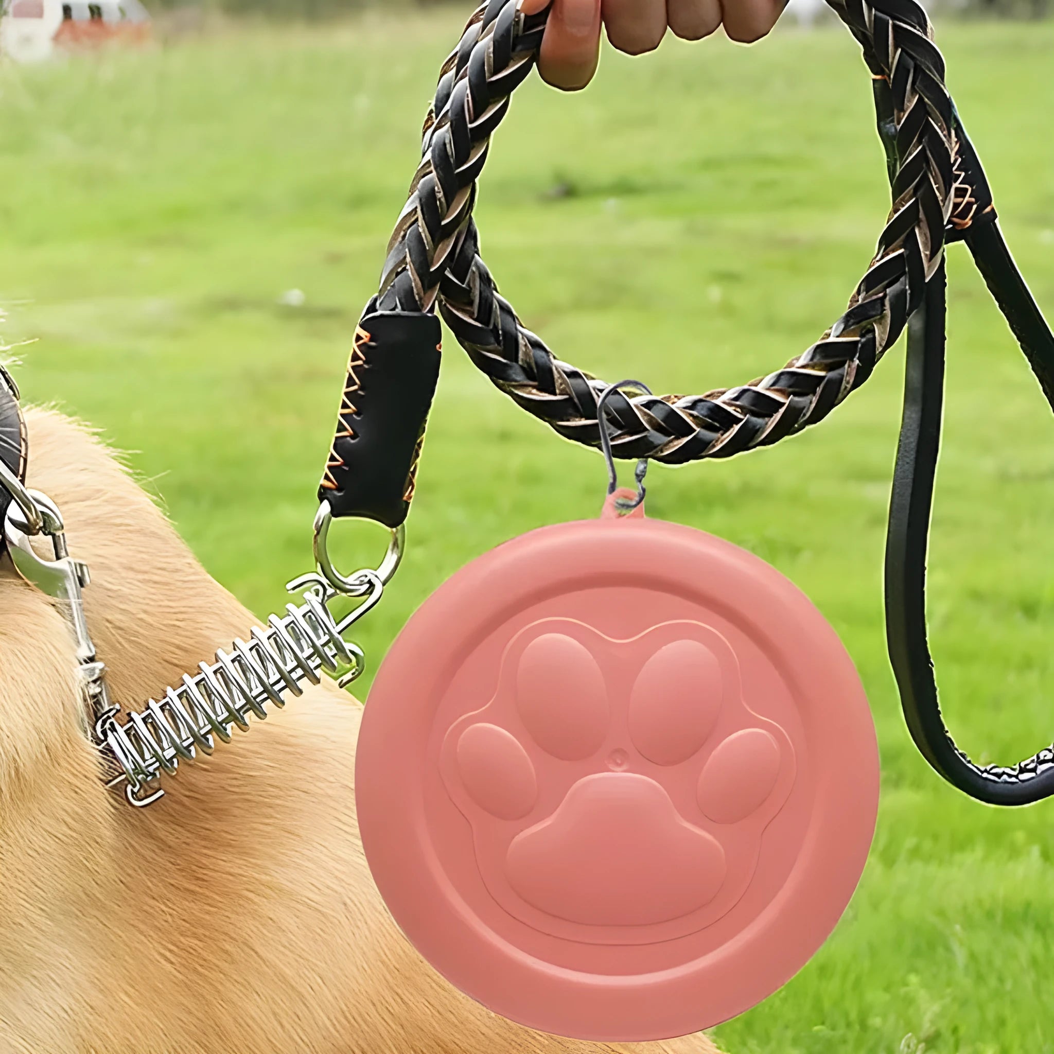 Portable dog feeding bowl shown in light pink and green colour options, suitable for food or water.