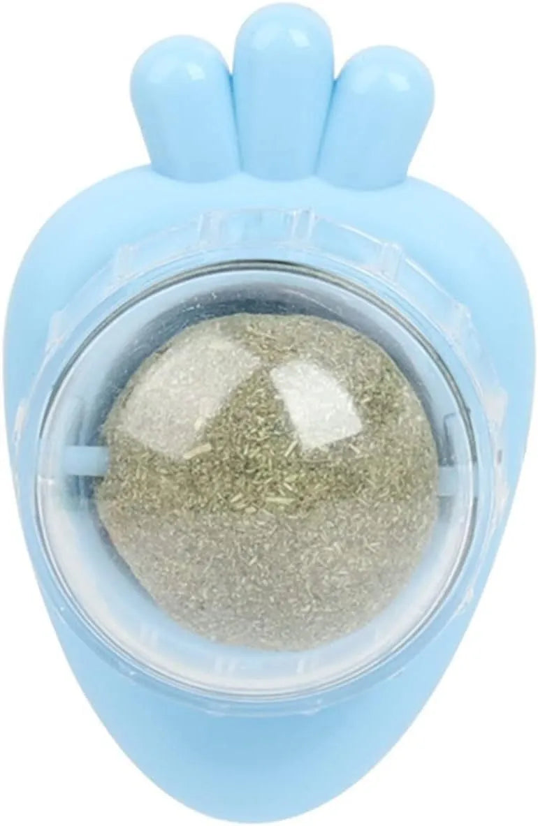 Blue carrot-shaped catnip ball with adhesive back for wall mounting and feline dental cleaning