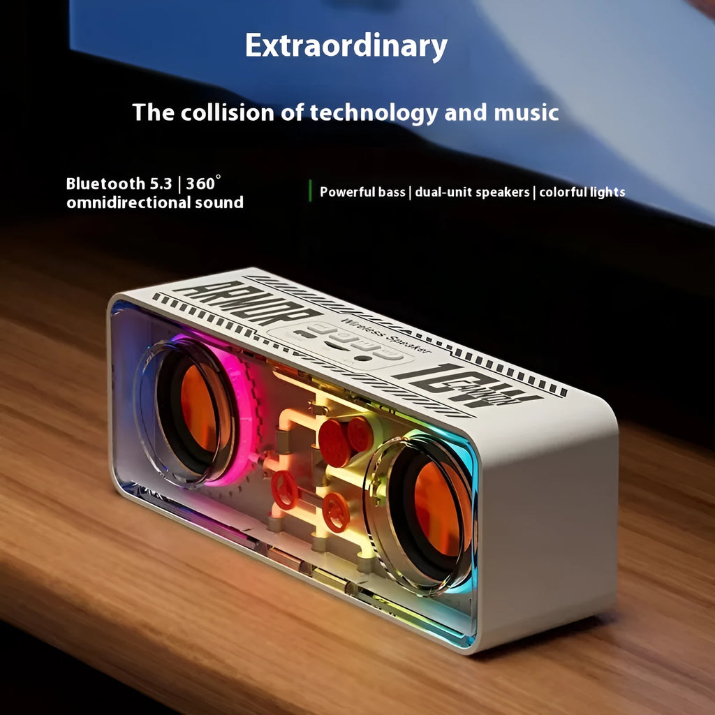 Double speaker transparent mech wireless Bluetooth speaker with dual 40mm drivers, black A39 colour option