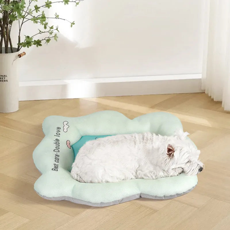 Ice silk pet cooling mat in green or pink colour, shown in four different sizes for small to large pets