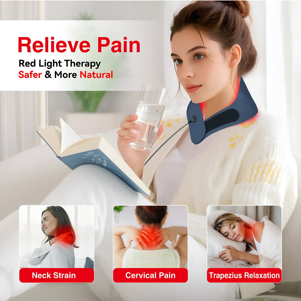 Red light hot compress neck mask for cervical physiotherapy in dark sky blue.