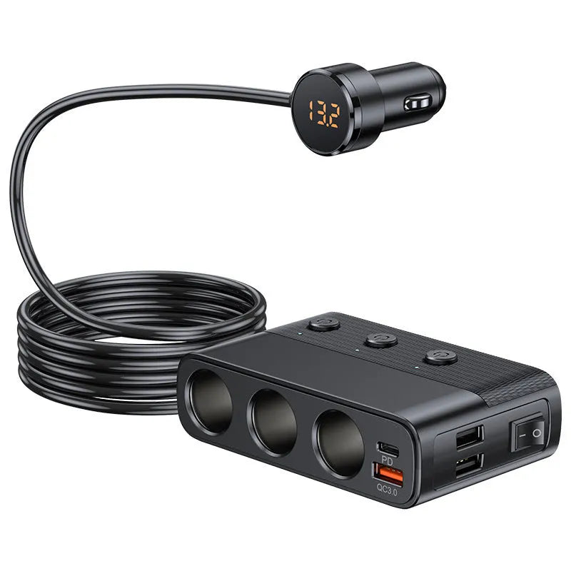 Black car cigarette lighter charger with USB QC3.0 and PD fast charging ports