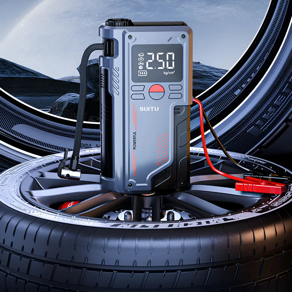 Portable ABS emergency jump starter and tyre inflator with battery clips and hose, showing dimensions 206mm x 110mm x 54mm