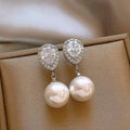 Water drop earrings with full diamond accents and pearl drop, copper alloy, electroplated finish, R0132 colour