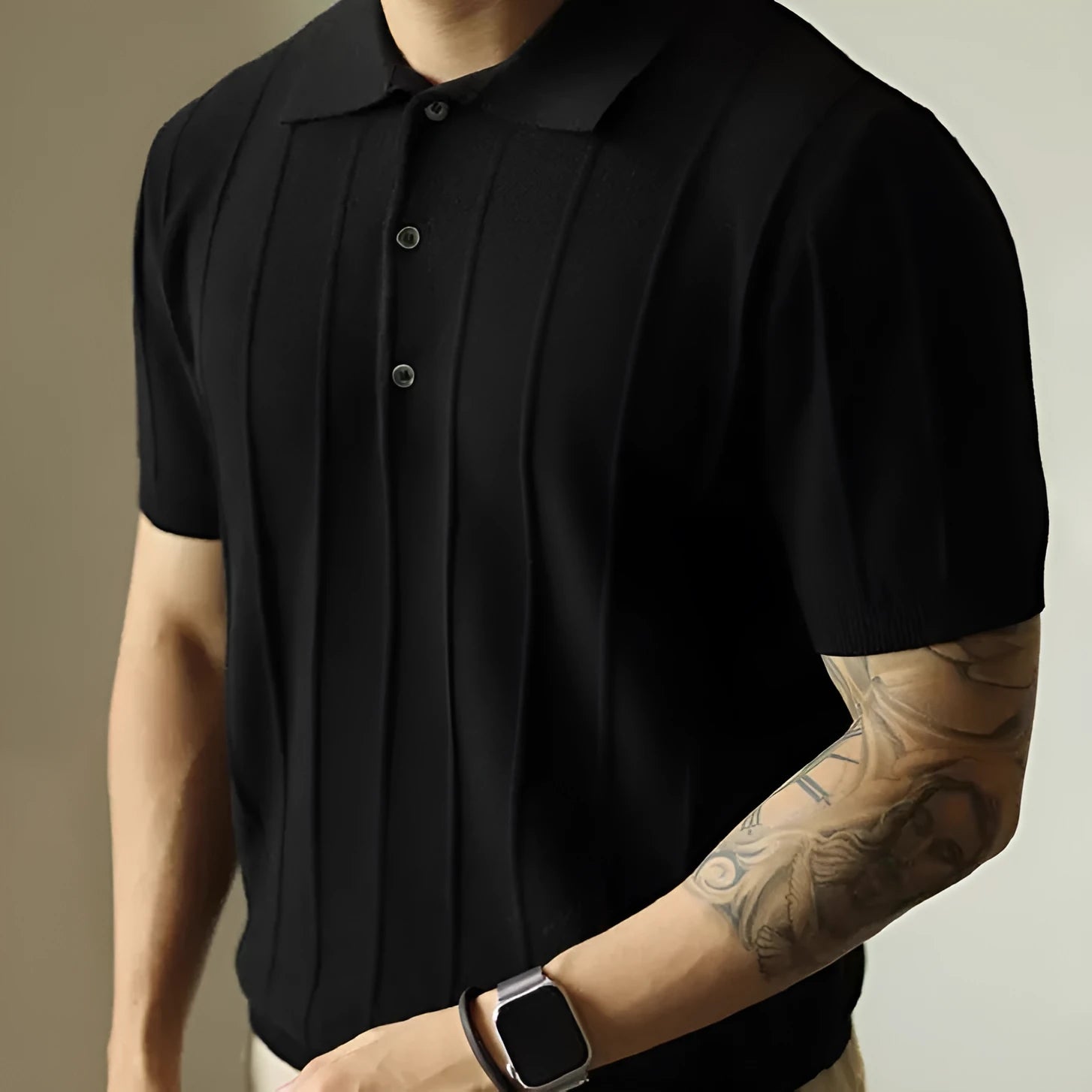 Men's loose fit solid colour polyester T-shirt on a hanger, shown in black and white colour options.