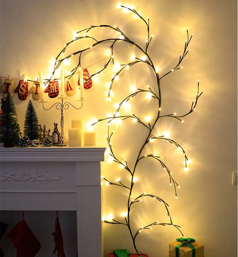 Warm white LED tree decorative light with rattan-style string and choice of plug type.
