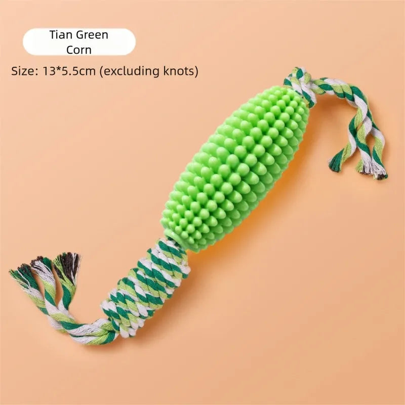 Pet Toy Corn Ball Knot Teething Toys set with two corn-shaped toys in yellow and green and one yellow ball on a white background