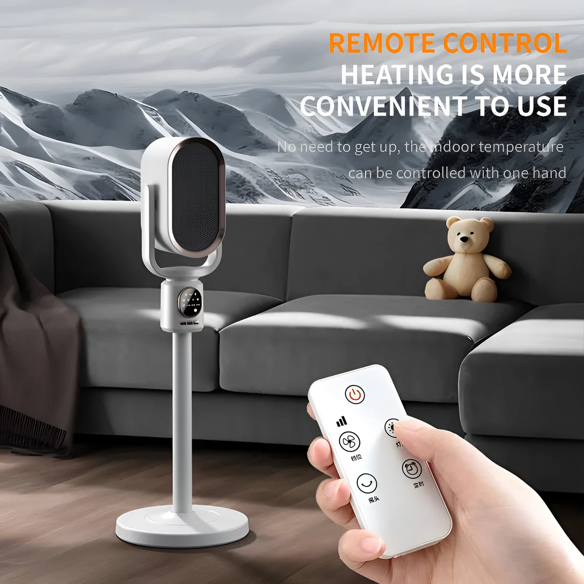 Desktop warm air blower with touch control, 1500W-2000W power, 2-8 hour timer, and EU or US plug option