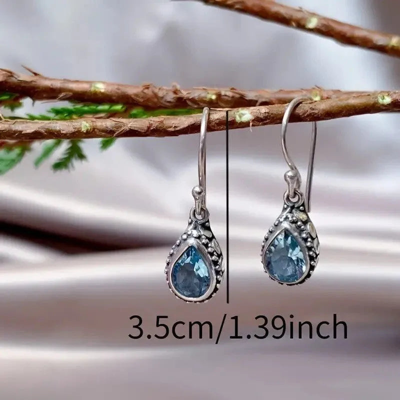 Silver alloy drop earrings with blue gem inlay, retro style, unisex design
