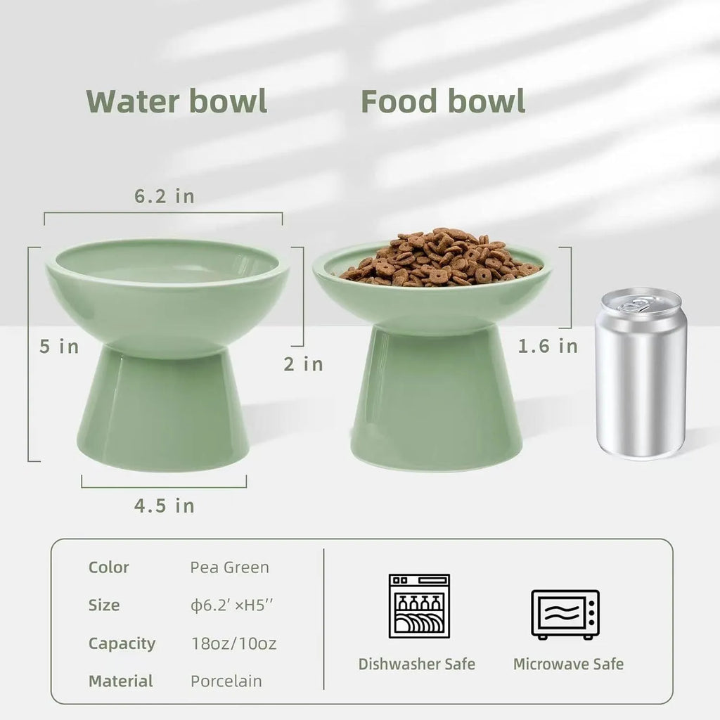 Blue elevated ceramic cat bowl with wide shallow dish for food or water.