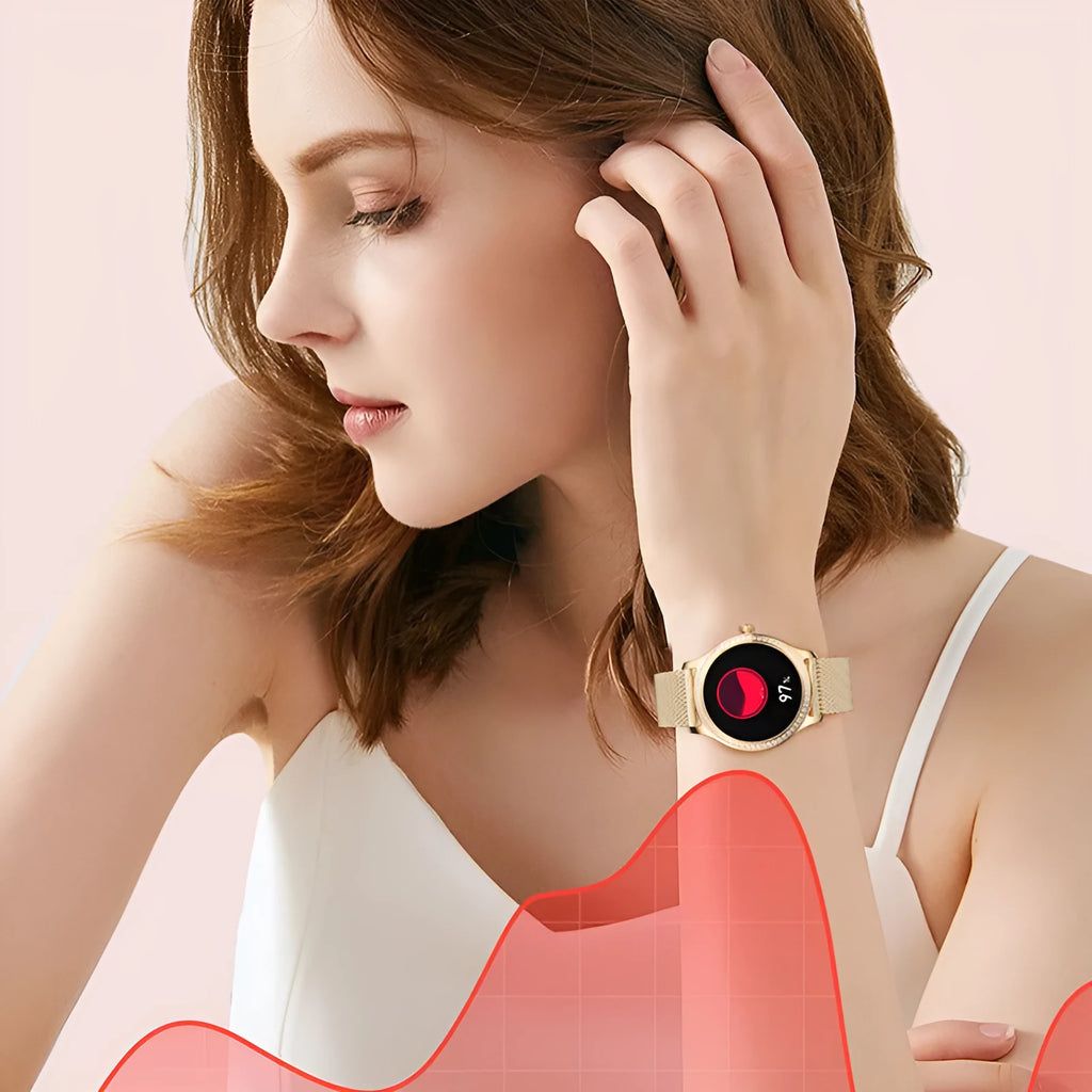 Women's smart watch with Bluetooth calling on wrist, showing TFT touch screen displaying health metrics.
