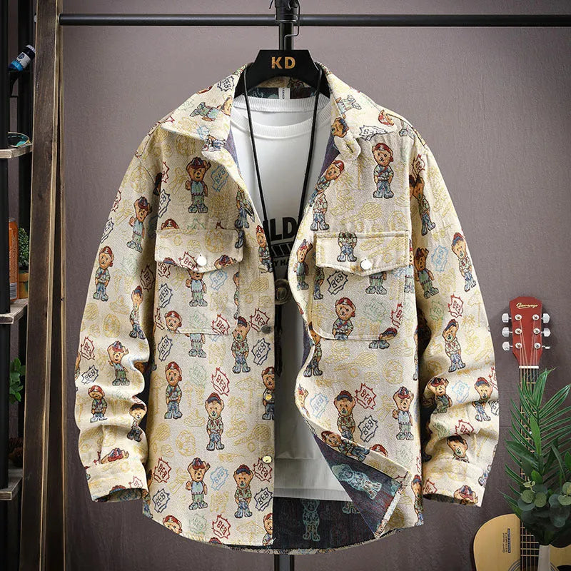 Casual lapel shirt coat in a blue colour, shown with long sleeves and a straight hem.