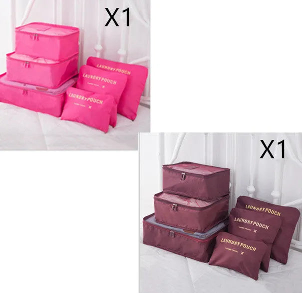 6 PCS travel storage bag set in polyester with handbag shape, multiple colour options for clothes and cosmetic organisation