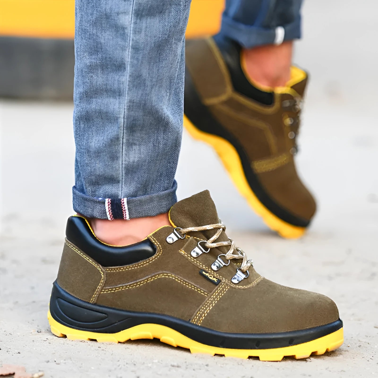 Bronze coloured steel toe safety shoes with cow suede upper and patterned anti-skid sole