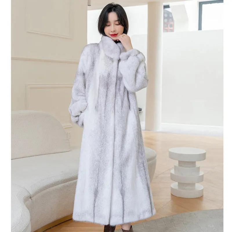 White women's artificial fur coat with stand-up collar, regular sleeves and 80cm length