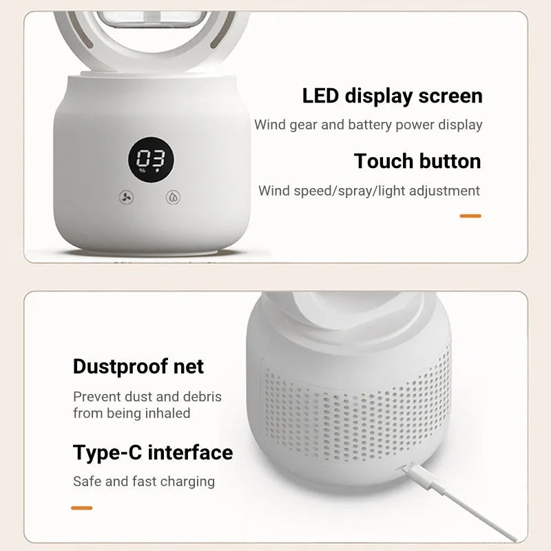 White bladeless table fan with humidifier tank on a wooden desk