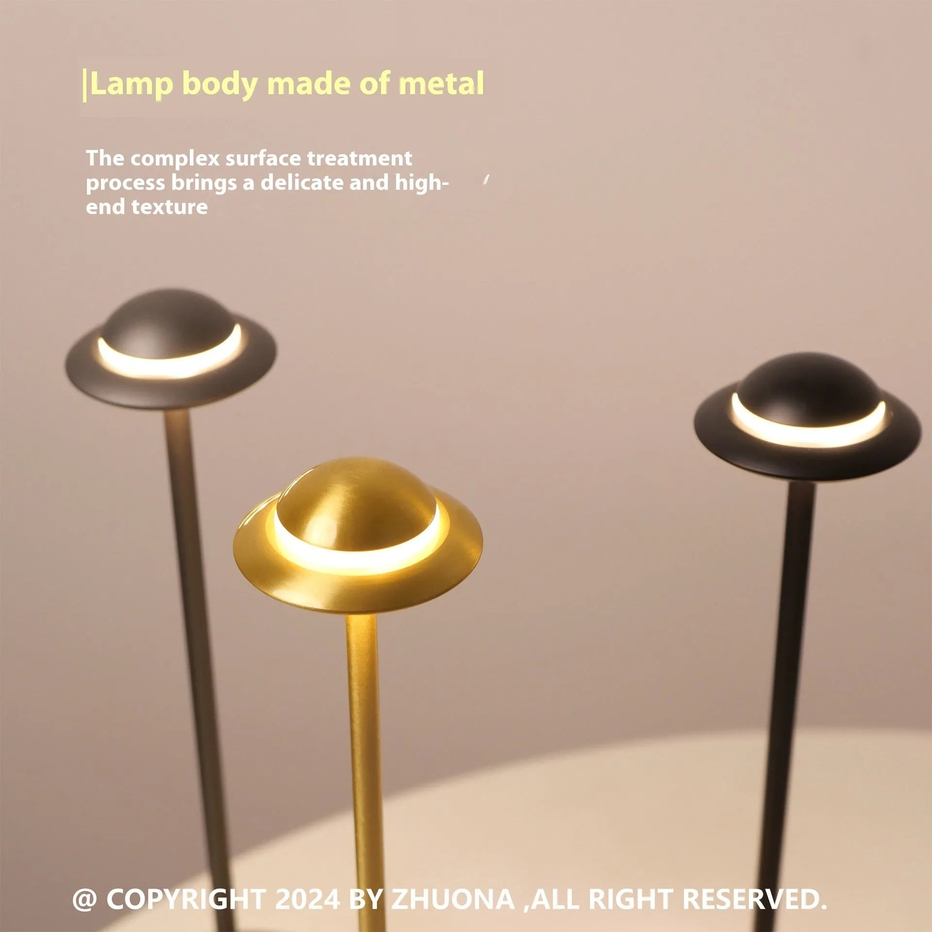 Rechargeable UFO-shaped metal desk lamp in black on a wooden table.