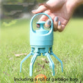 Blue portable dog pooper scooper with built-in bag dispenser and eight-claw shovel mechanism
