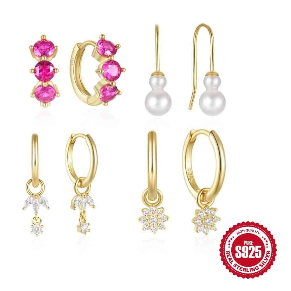 Golden S925 sterling silver earrings with geometric sunflower design and inlaid zircon stones.