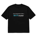 Black men's t-shirt with a colourful 3D digital cartoon print on the front, showing loose fit.