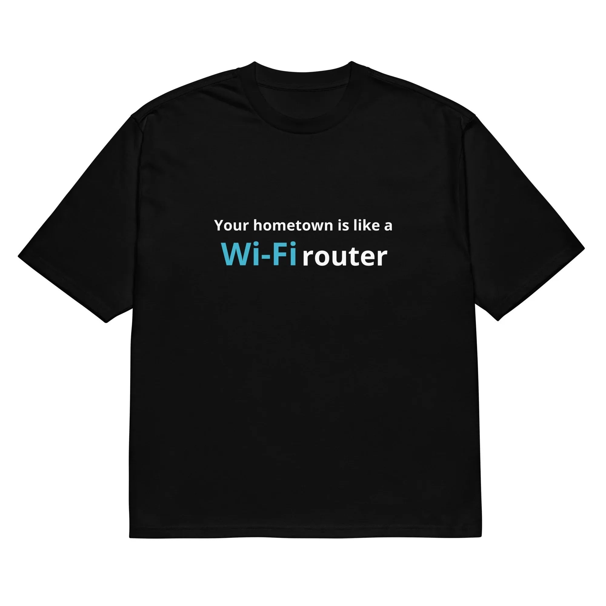 Black men's t-shirt with a colourful 3D digital cartoon print on the front, showing loose fit.