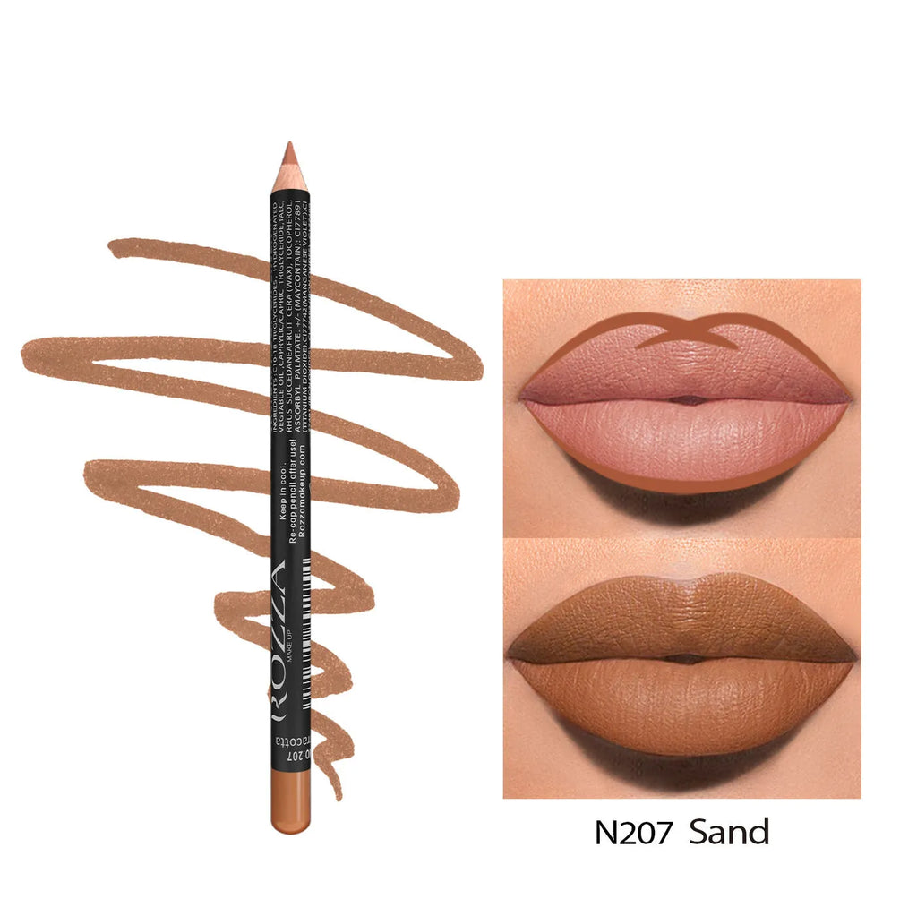 Matte lip liner pencil in a choice of fourteen colours, shown with swatches.