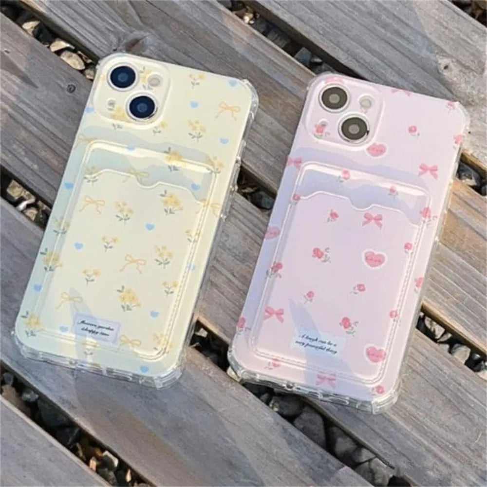 Small broken flower TPU phone case with card holder for iPhone in pink full screen pattern