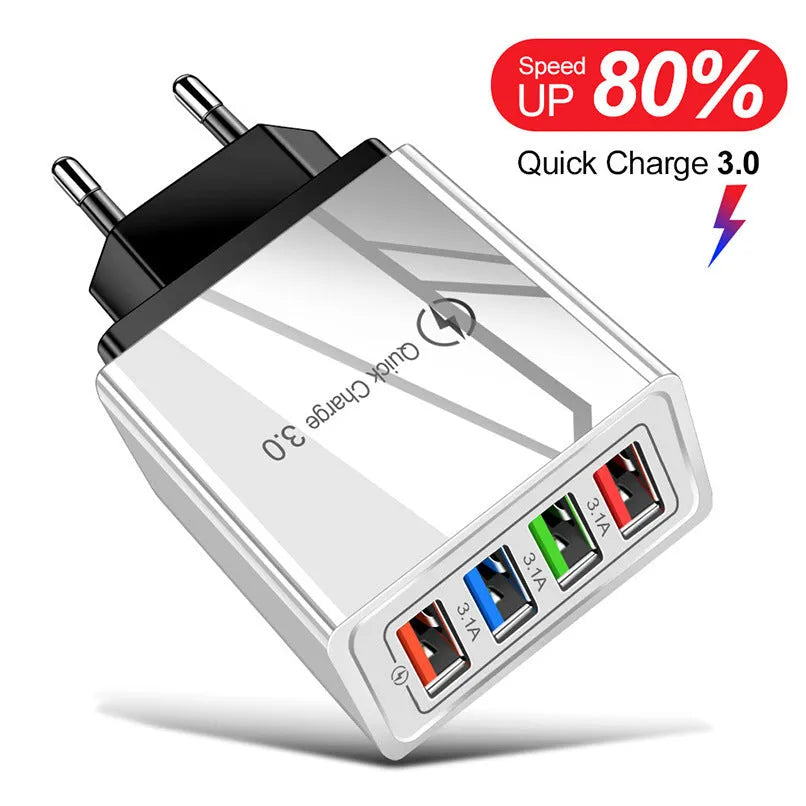 Luminous colour 4-port USB wall charger with choice of US, EU, or UK plug on a purple box.