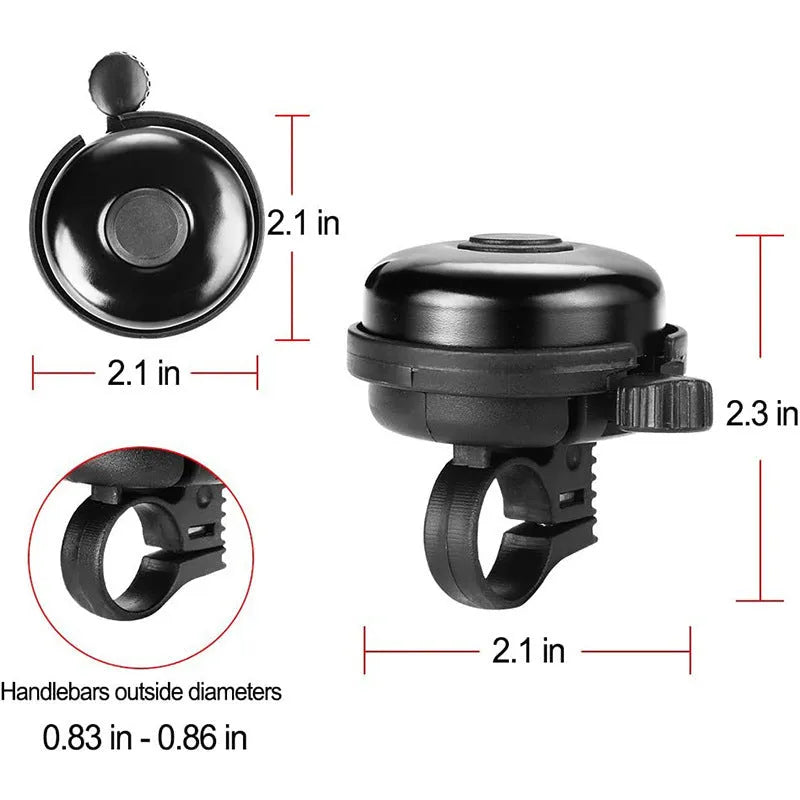 Black bicycle bell with 58mm diameter and thumb-operated mechanism for handlebar mounting