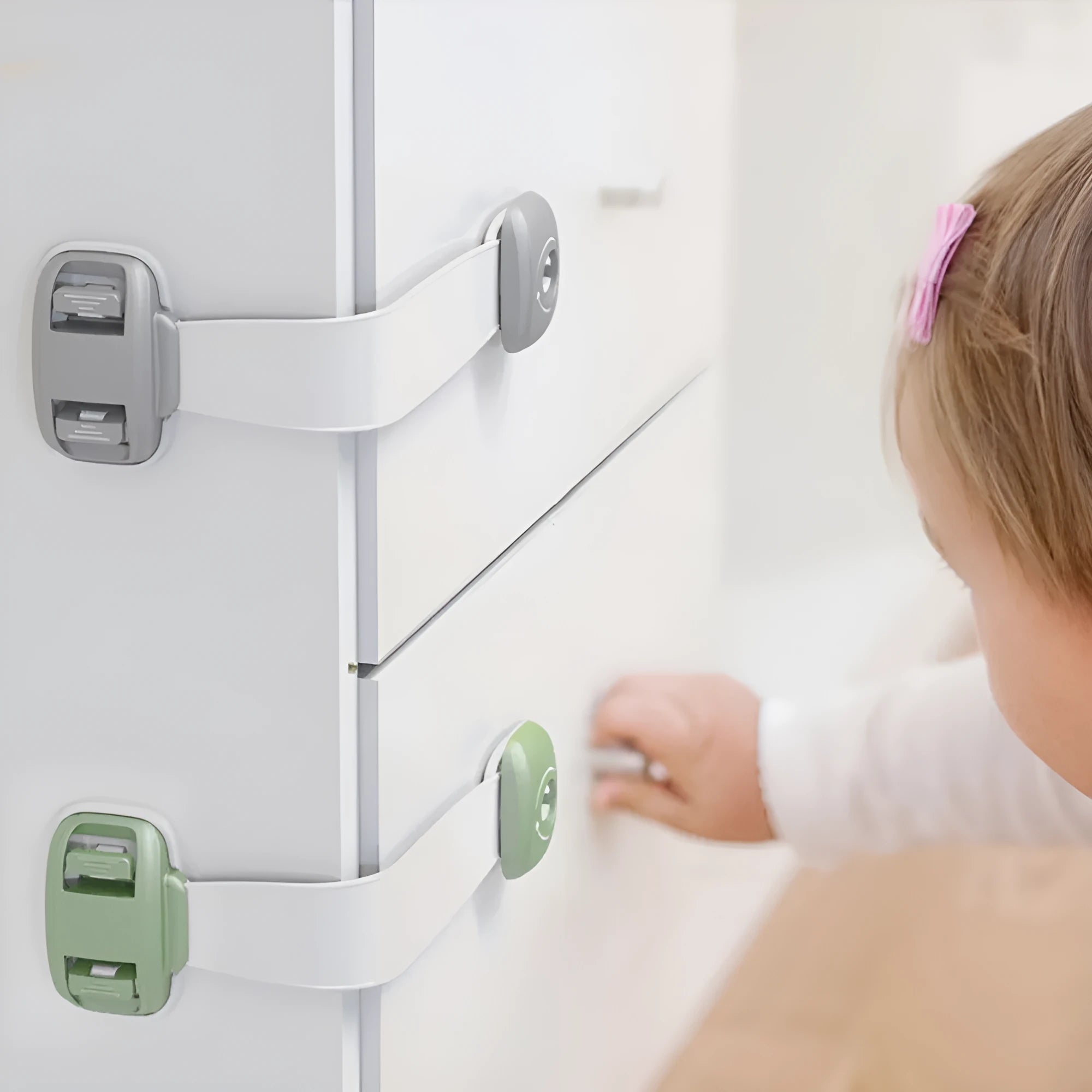 Adjustable child safety cabinet lock with strap showing grey and green colour options