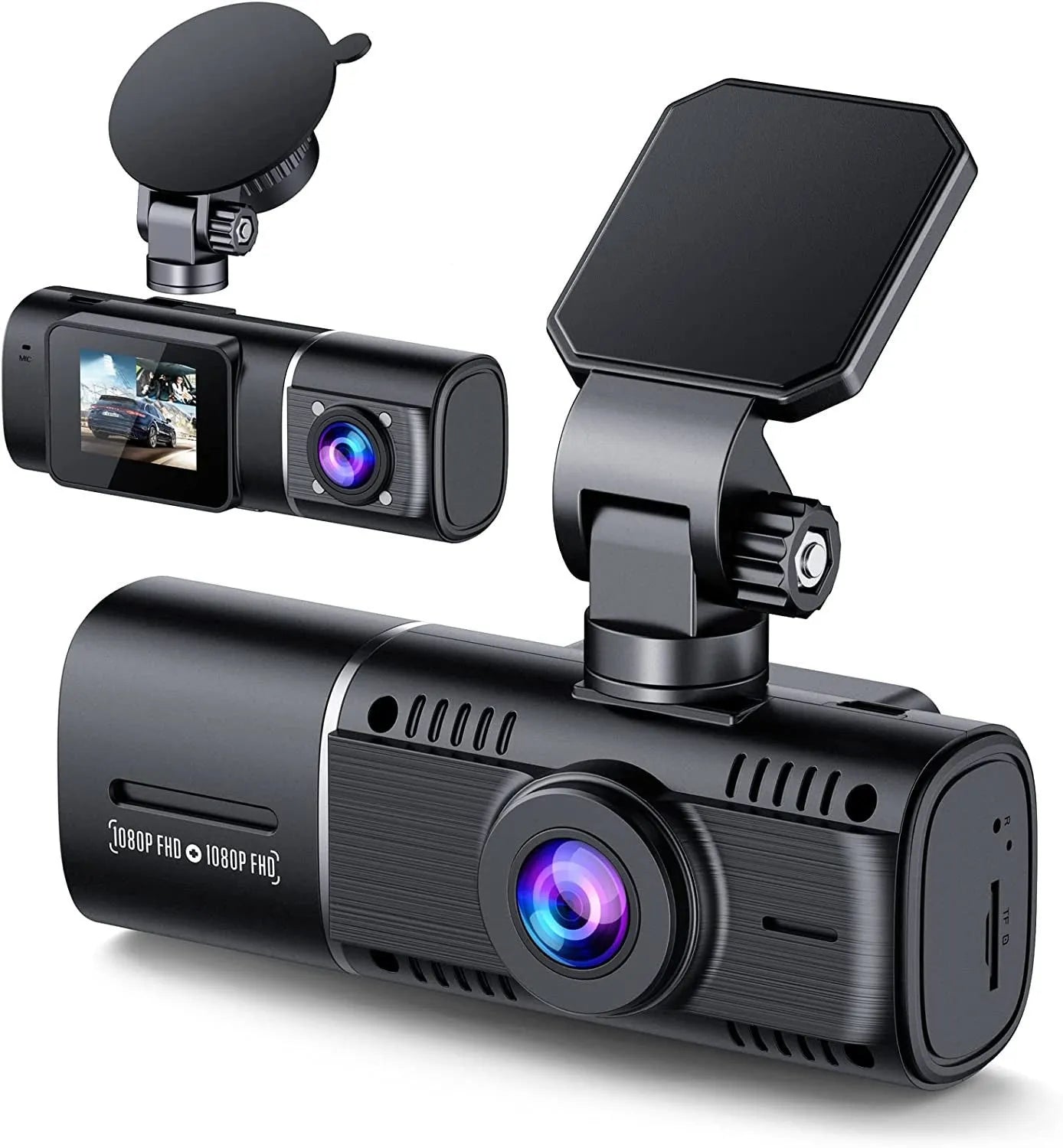 Standard black 1080p dash cam for cars with front and rear recording.
