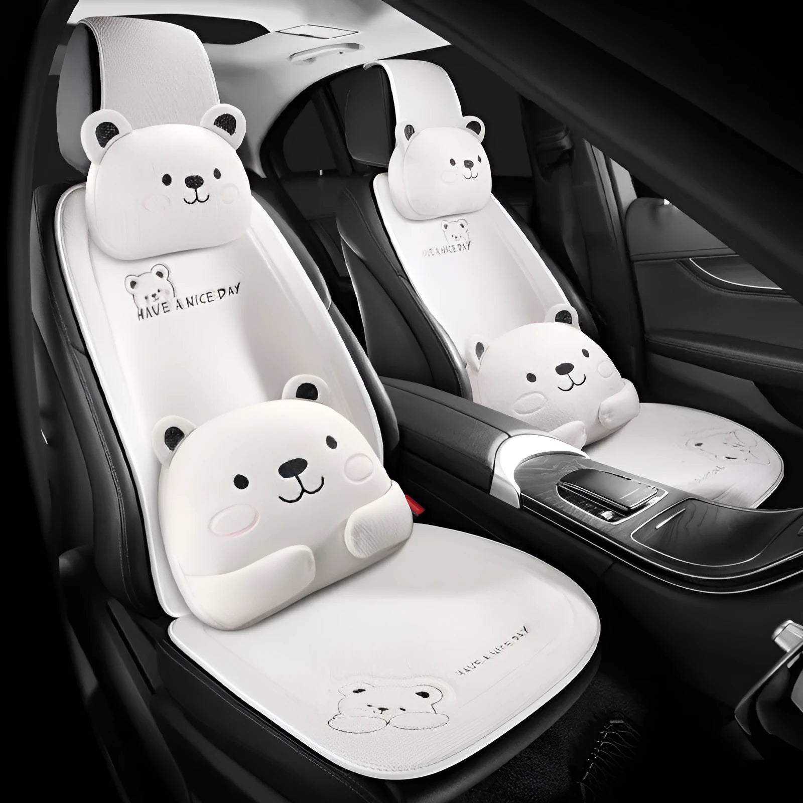 Car seat cushion set showing headrest pillow and lumbar support pillow in linen covers